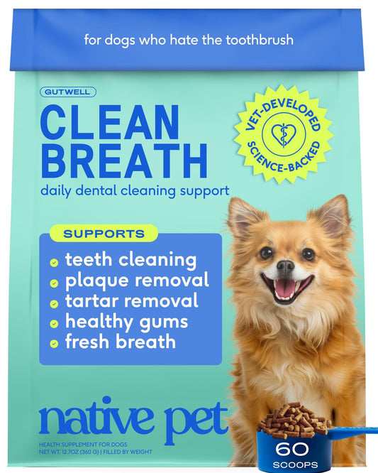 Native Pet GutWell Clean Breath - Dog Breath Freshener & Dog Teeth Cleaning Powder Cold-Pressed to Reduce Plaque, Tartar & Promote Oral Health with Triple-Biotic Blend, Brown Algae & Zinc - 60 Scoops