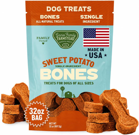 Gaines Family Farmstead Sweet Potato Dog Bones – 32 oz Bag, All-Natural, Single Ingredient, Grain-Free Dog Treats for Digestive Health, High Fiber - Training & Rewards, Made in USA