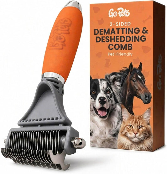 GoPets 2-in-1 Dematting Comb for Dogs, Pet Grooming Rake, Double-Sided Dog Brush for Shedding, Deshedding Brush for Cats, Undercoat Mat Dematting Tool for Long Haired Cats, Grooming Matting Hair