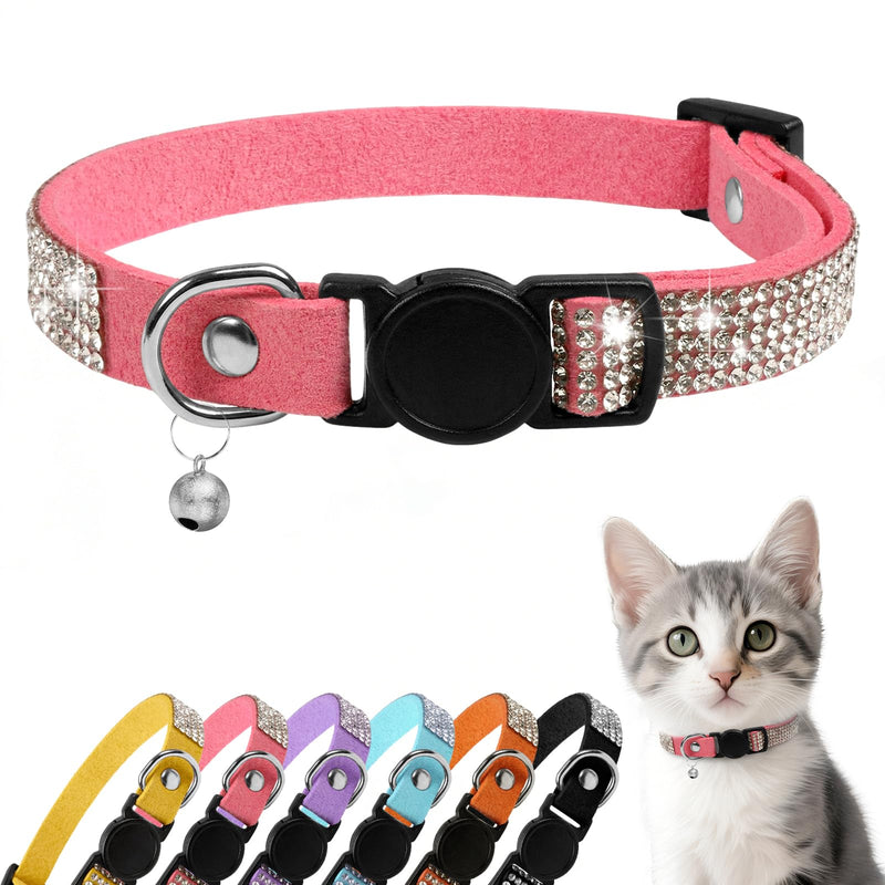 Rhinestone Cat Collar Breakaway, Soft Velvet Cat Collars with Bell, Adjustable Comfortable Cats Collar, 7.5-12.5 Inch for Cat, Kittens and Puppies (Pink)