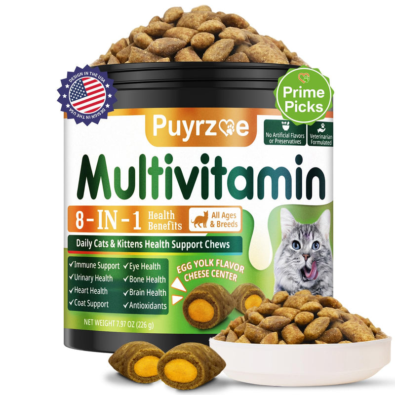 Taurine for Cats Multivitamin Chews, 500 Crunchy Cat Vitamins + Taurine Supplement for Cats with 11 Essential Vitamins, 8-in-1 Support - Immune, Urinary, Heart, Skin & Coat, Eyes, Brain, Bone for Cat