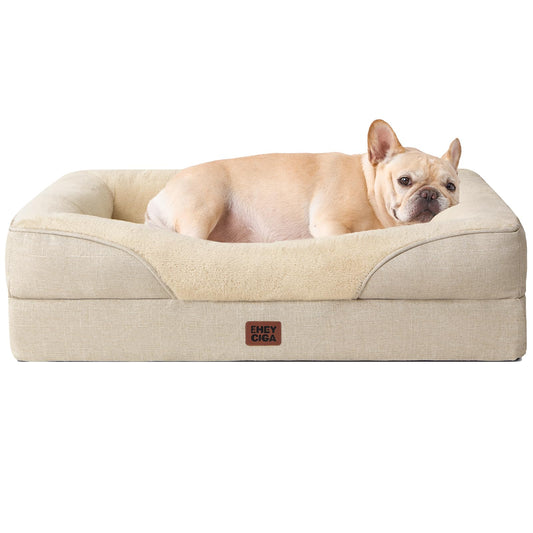 EHEYCIGA Orthopedic Dog Bed for Medium Dog, Memory Foam Dog Couch Bed with Sides, Waterproof Liner & Washable Removable Cover, Bolster Pet Sofa, 30x20 Beige