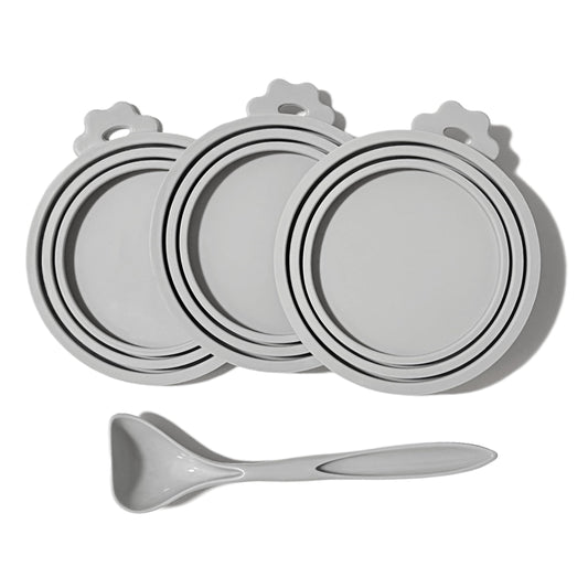 MoPawKT- Silicone Cat/Dog Food Can Covers Lids, Universal 3 Sizes Fit for 3oz, 5.5oz, 6.5oz, 13oz, 13.2oz Pet Food Cans, BPA Free, Reusable (box of 3 lids+1 scoop in Grey)