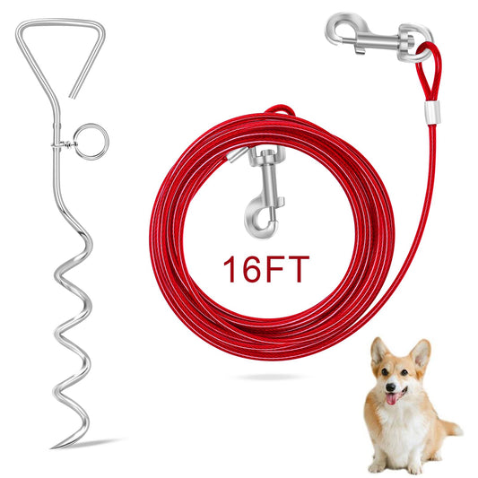 Relux Dog Tie Out Cable and Stake, 16FT Outdoor Dog Stake for Yard Training, Running, Hiking,Camping, 16 Inch Heavy Duty Dog Anchor Spiral Stake for Small to Medium Dogs(Red)