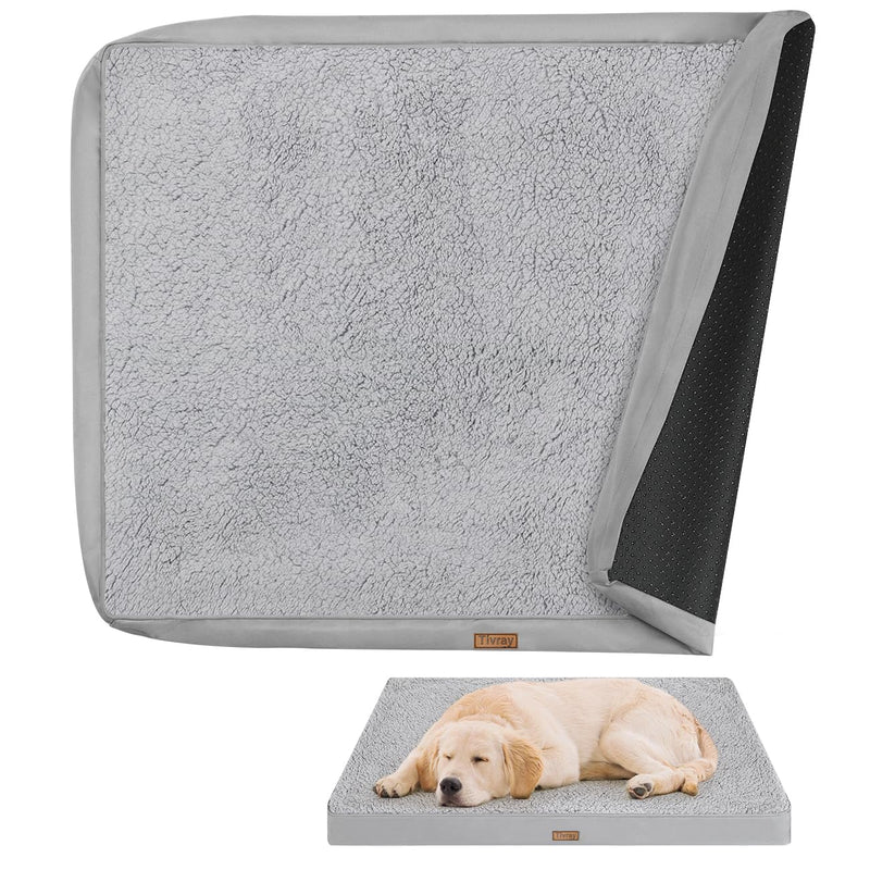 Tivray Dog Bed Cover, Washable Replacement Large Dog Bed Sheet with 3-Sided Continuous Zipper, Waterproof Liner, Soft Plush, Pet Mattress Fluffy Protector, 44x32x3 inches - XL, Cover Only Grey