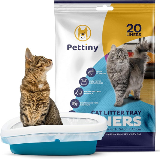 Pettiny 20 Cat Litter Box Liners with Drawstrings - Scratch Resistant Cat Litter Bags for a Medium and Large Litter Pan