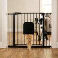 Metal Pet Gate with Cat Door, Adjustable Dog Gate for Doorways & Stairs, Pressure Mounted, Auto-Close, No Tools Needed, 31-46 Inches, Black