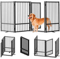 SNUOWU Full Metal Freestanding Dog Gate with Door, 32''Height Foldable Pet Dog Fence for Indoor & Outdoor, 4 Panels Extra Wide Free Standing TallDog Gates for Doorways,House,Stairs,Porch,Deck,Yard