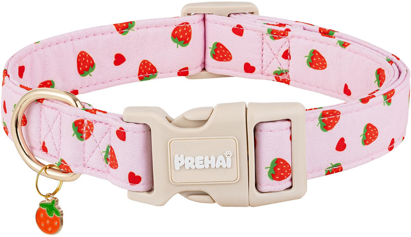 PREHAI Pink Strawberry Dog Collar Sweet Spring Summer Collars with Cute Strawberries Pattern for Female Girl Small Medium Large Dogs S