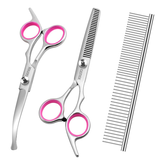 GEMEK Dog Grooming Scissors with Safety Round Tips Stainless Steel Professional Dog Grooming Kit - Thinning, Curved Scissors and Comb for Cat Pet (Pink 4 in 1)