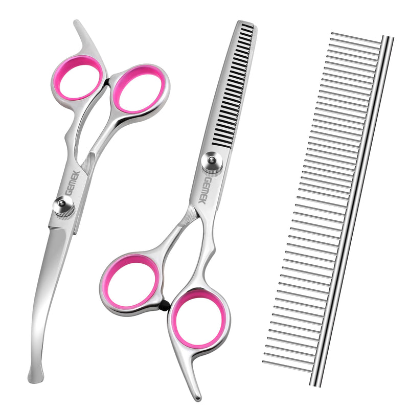 GEMEK Dog Grooming Scissors with Safety Round Tips Stainless Steel Professional Dog Grooming Kit - Thinning, Curved Scissors and Comb for Cat Pet (Pink 4 in 1)