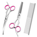GEMEK Dog Grooming Scissors with Safety Round Tips Stainless Steel Professional Dog Grooming Kit - Thinning, Curved Scissors and Comb for Cat Pet (Pink 4 in 1)