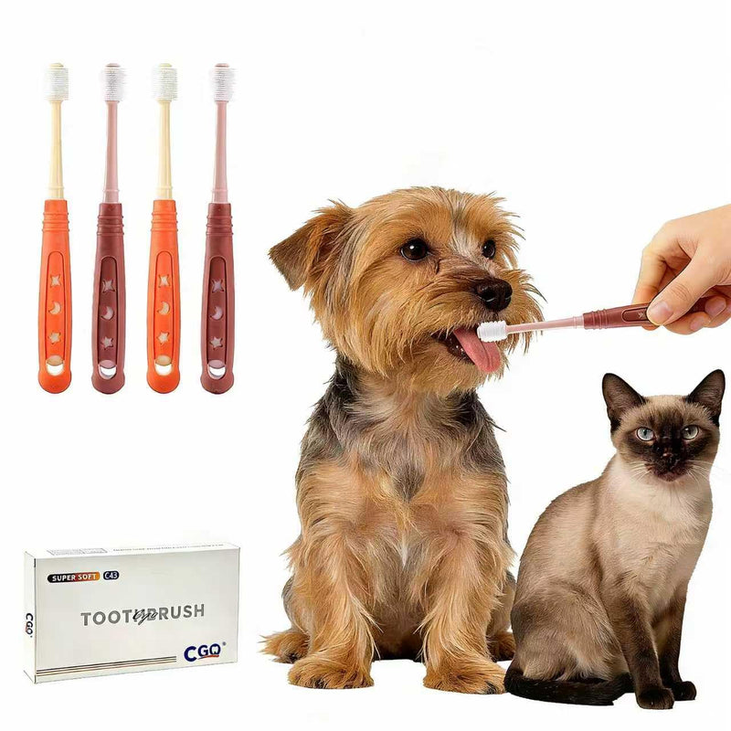 CGO 360° Silicone Pet Toothbrush - Dog Toothbrush for Small Dogs & Cats, 4-Pack Round Head, Extra Soft Bristles, Dental Cleaning and Oral Hygiene for Puppies and Kittens (2 Orange, 2 Brown)