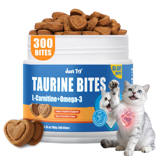 Just Try 6.35 oz Cat Taurine Bites - Taurine for Cats with L-Carnitine, Omega 3 and Vitamins - Supports Immune, Heart and Eyes Health Cat Supplements 300 Bites