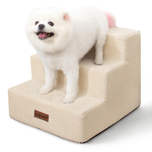 Dog Stairs for Small Dogs & Cats, 3-Step Non-Slip Pet Steps for Couch Sofa and Chair, Beige, 13.6" H