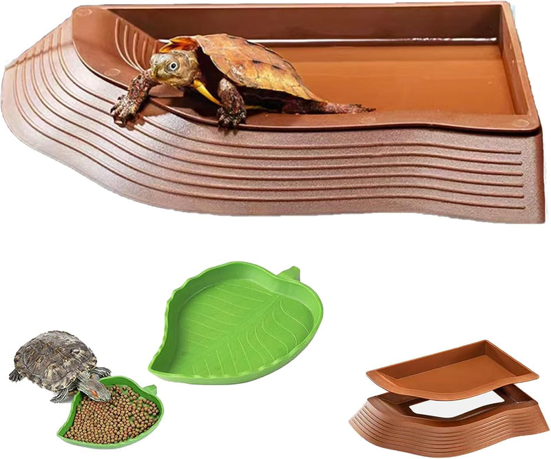 3PCS Tortoise Water Bowls with Ramp Leaf Tortoise Food Dish Reptile Food Water Bowls Reptile Bathing Pool Aquarium Ornam