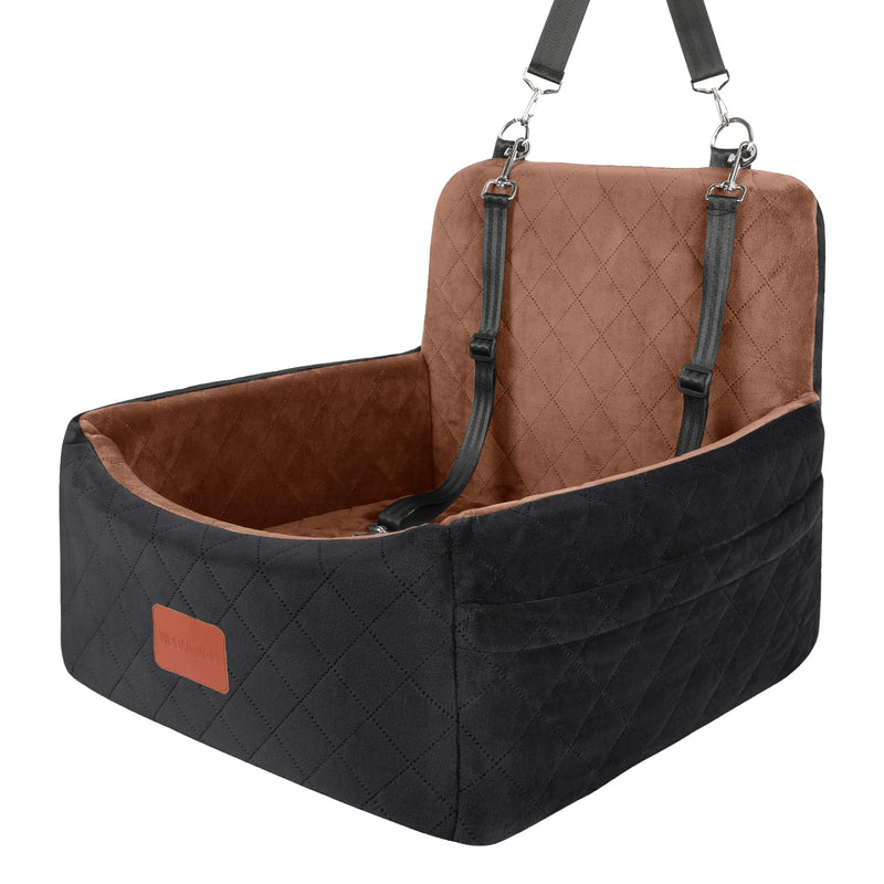 WOOAIDAGG Dog Car Seat for Small Dogs Under 30lbs,Ultra Soft Fabric & Memory Foam Pet Travel Car Bed,Washable & Detachable,Anti-Slip Bottom,2 Storage Pockets and Safety Tethers(Black/Brown)