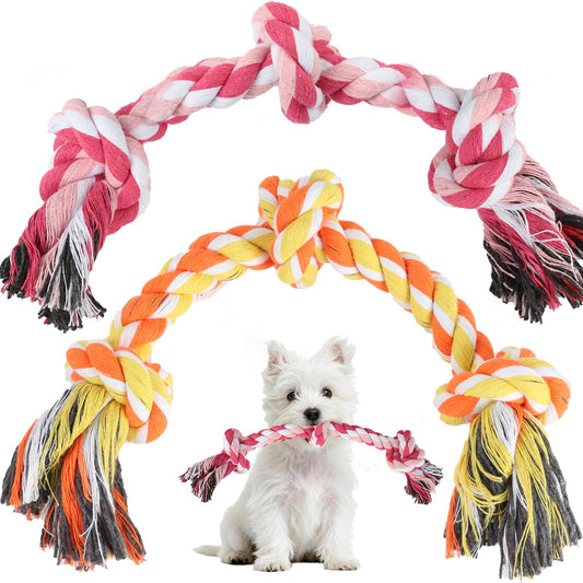 SZEE Dog Rope Toy 2 Pack, Rope Toys for Dogs, Chew Ropes for Small Breeds Puppies, Pull Toy for Tug of War, Energy Release, Boredom Relief and Teeth Cleaning, 3 Knots 14 inches (Pink & Orange)
