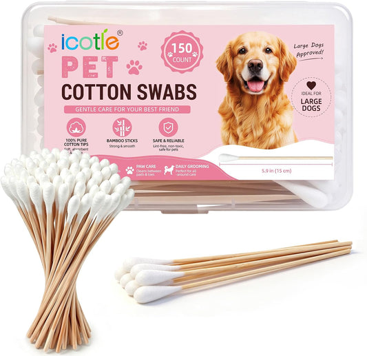 ICOTLE Dog Ear Cleaning Swabs, 150 Ct, 6 Inch Bamboo Stick, Large Dogs
