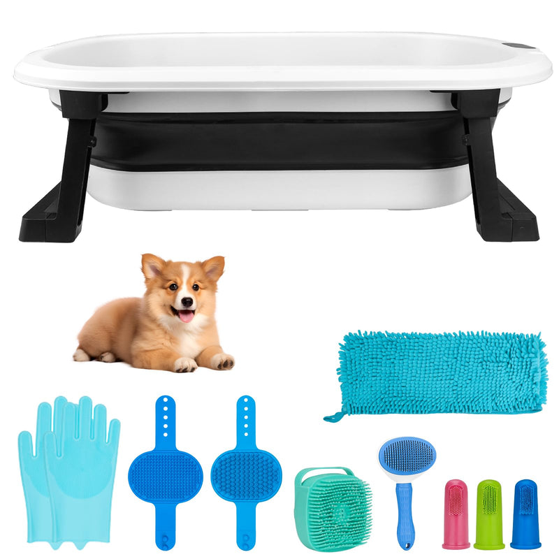 Dog Washing Dog Bathing Kit - Include Collapsible Pet Bathtub with Water Drain Plug,Cleaning Slicker Brush,Dog Shampoo Brush,Grooming Brush,Drying Towel,Tooth Brush and Dog Washing Glovves
