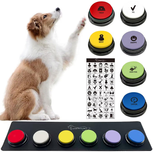 RIBOSY Set of 6 Recordable Buttons with Rubber Mat and 50 Training Stickers, Dog Buttons for Communication - Record& Playback Your Own Voice to Train Your Pet Voice What They Want（Battery Included）