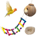 PINVNBY Hanging Coconut Bird Nest Hut with Ladder, Natural Coconut Hide Lovebird House and Colored Bead String Bird Swing for Parakeet Cockatiel Budgie Conure Canary Finch Budgies (With Coconut Fiber)
