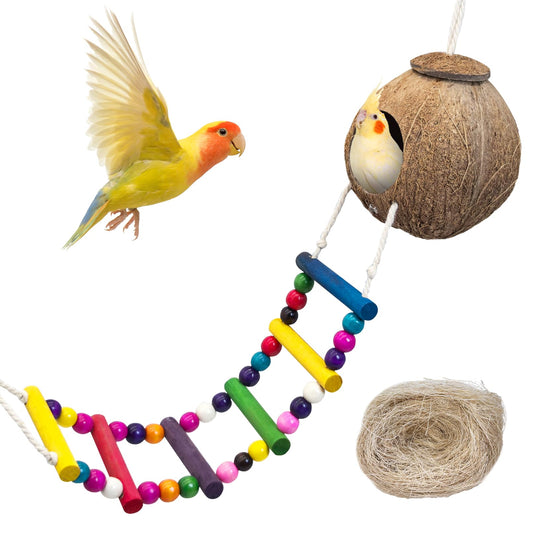 PINVNBY Hanging Coconut Bird Nest Hut with Ladder, Natural Coconut Hide Lovebird House and Colored Bead String Bird Swing for Parakeet Cockatiel Budgie Conure Canary Finch Budgies (With Coconut Fiber)