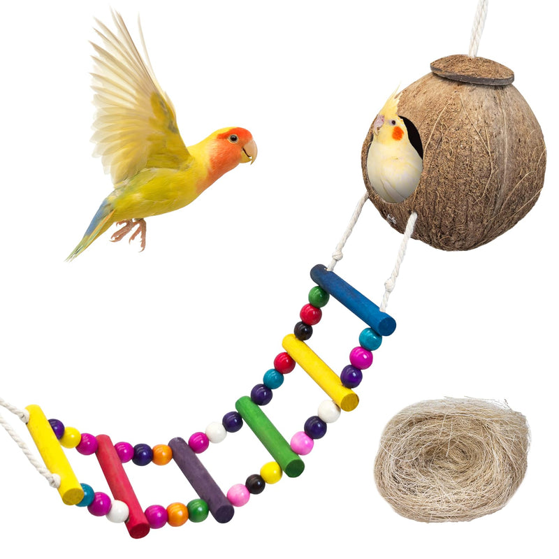 PINVNBY Hanging Coconut Bird Nest Hut with Ladder, Natural Coconut Hide Lovebird House and Colored Bead String Bird Swing for Parakeet Cockatiel Budgie Conure Canary Finch Budgies (With Coconut Fiber)