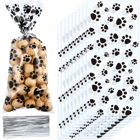 Blulu 200 Pcs Dog Treat Bags Pet Paw Cellophane Bags Dog Party Favor Heat Sealable Treat Paw Gift Cat Candy Bag with 200 Pcs Silver Twist Ties for Pet Party Favors(Black)