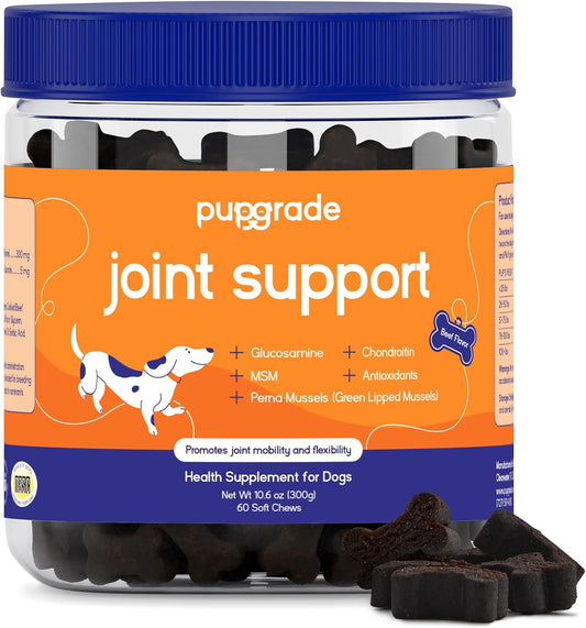PupGrade Joint Support Supplement for Dogs - Glucosamine + Chondroitin with MSM and Perna - Supports Normal Hip & Joint Health for Occasional Discomfort, Beef Flavor - 60 Soft Chews