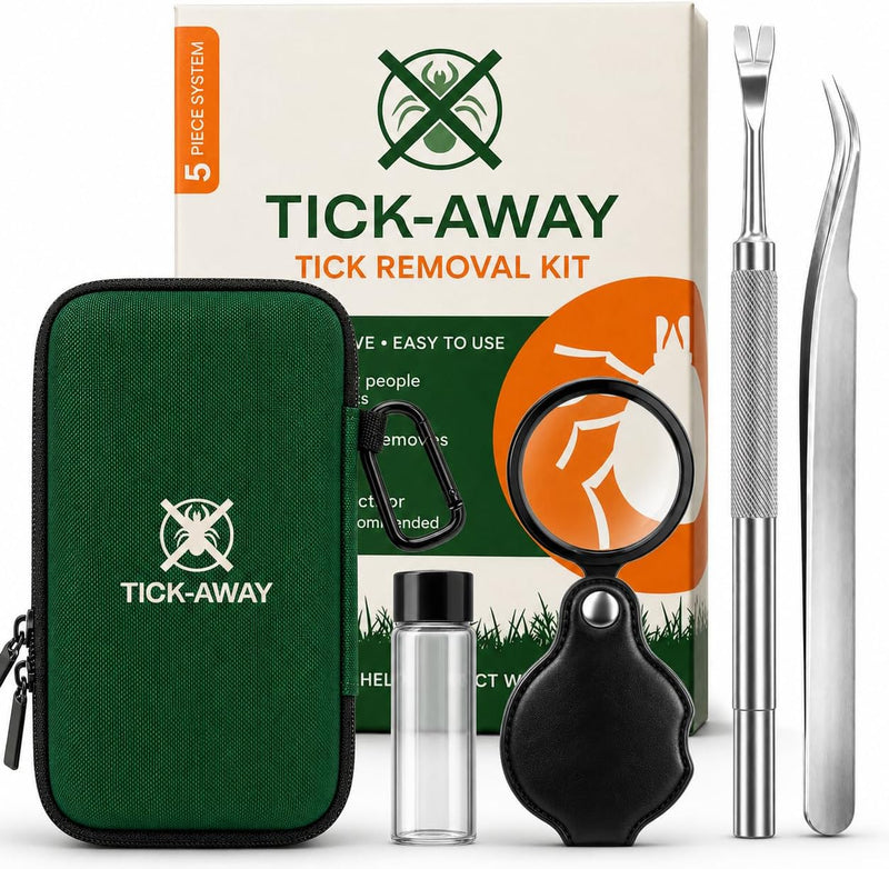 Tick-Away Tick Removal Kit for People & Pets – 5-Piece System with 2 Precision Tick Remover Tools, Magnifier, Sealed Col