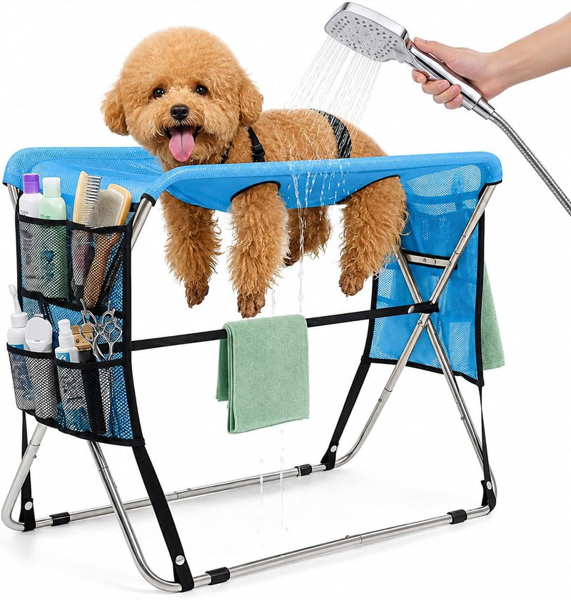 Dog Grooming Hammock Stand, Ground Support, Stainless Steel Frame, Foldable