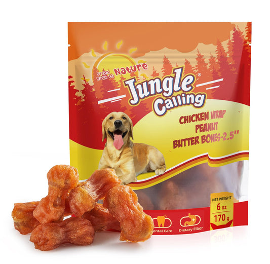 Jungle Calling Rawhide Free Dog Chew Treats, Real Chicken Wrapped Peanut Butter Bones, Teeth Clean Chewy Training Snacks, 6 oz