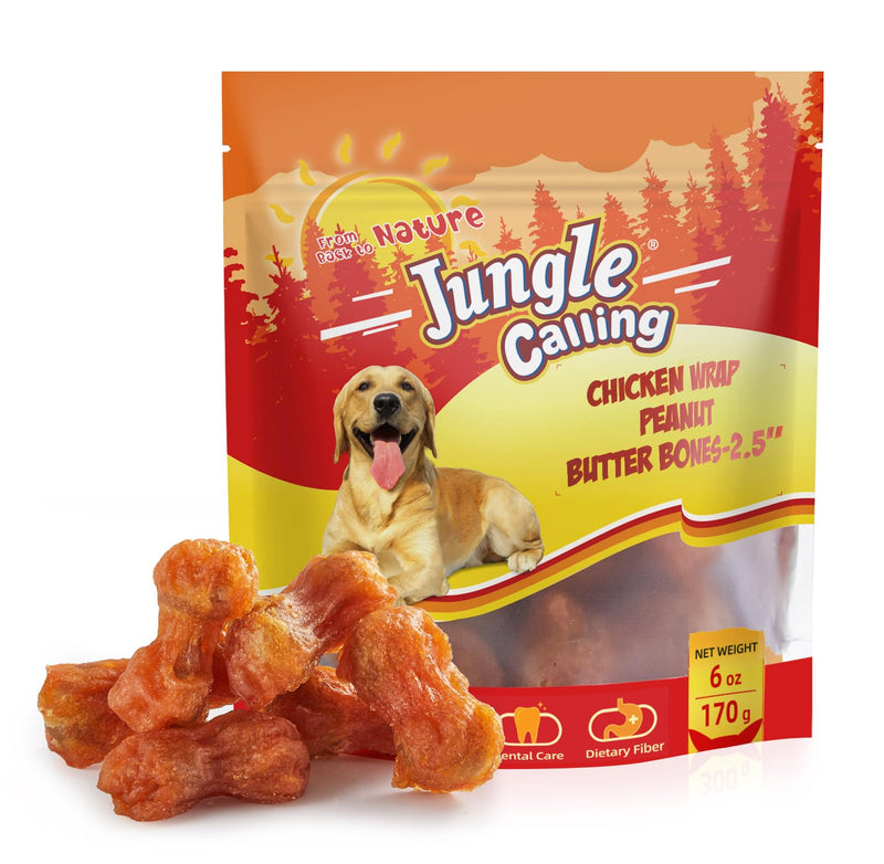 Jungle Calling Rawhide Free Dog Chew Treats, Real Chicken Wrapped Peanut Butter Bones, Teeth Clean Chewy Training Snacks, 6 oz