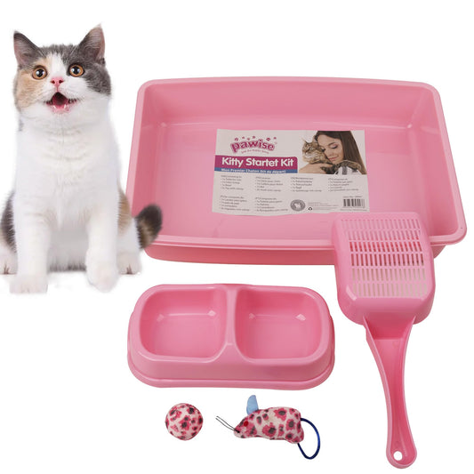 PAWISE Small Cat Litter Box,14.3 x 10.6 x 2.5 Kitten Litter Box Starter Kit,Low Entry Baby Kitten Training Litter Box with Scoop, Bowls,Cat Mouse Toy and Ball Toy,First Catty Owner Essentials(Pink)