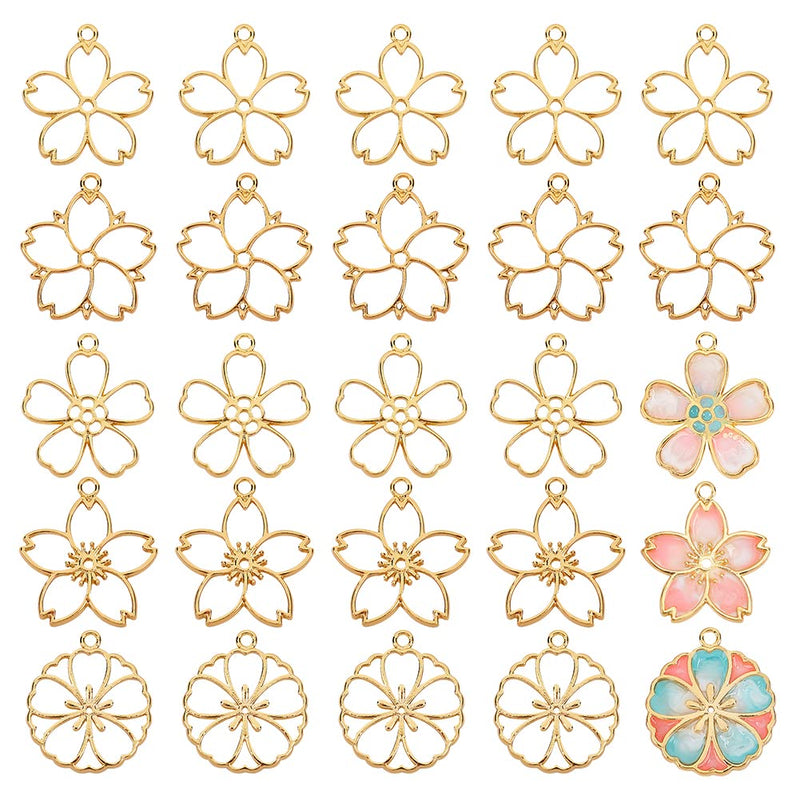 OLYCRAFT 30pcs Blossom Open Bezel Pendants Flower Charms 5-Shape Hollow Frame Dangle Charms Making Kits for DIY UV Resin or Pressed Flower Jewelry Making