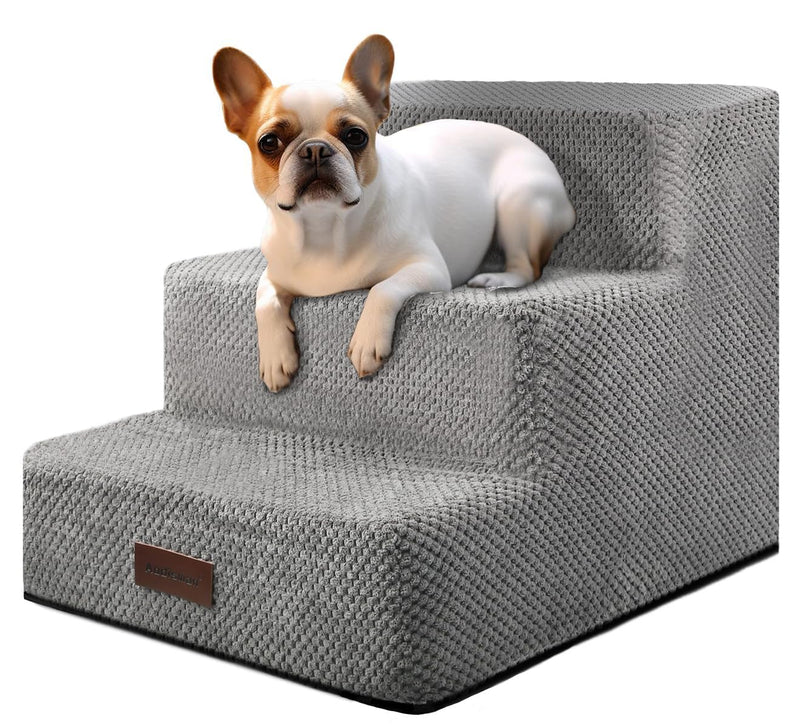 Aodisman Dog Stairs for Small Dogs, 3-Step Non-Slip Pet Stairs for Couch Sofa and Chair, Dog Bed Stairs for Puppy, Older Cat,Grey,13.6