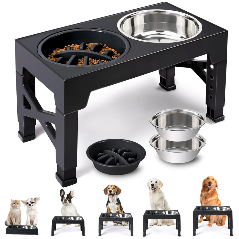 Heeyoo Elevated Dog Bowls - 5 Adjustable Heights Stand, 2 Stainless Steel Bowls & 1 Slow Feeder, 3.2