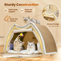 Cat Houses for Indoor Cats - 4 Seasons Cat Bed Cave with Natural Sisal Cat Scratcher Mat, Solid Wood Frame Cat House with Curtains and Cat Floor Scratching Pad Rug, Protect Couch and Carpets, M