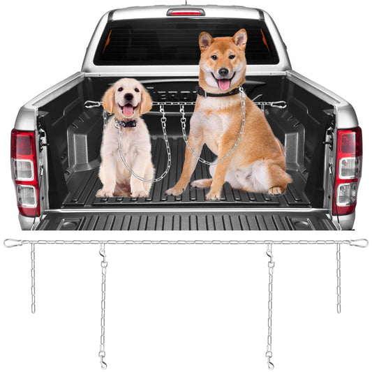 Chain Truck Bed Dog Tether for Two Dogs,Adjustable Double Safety Chew Proof Metal Truck Bed Dog Leash System for Pickup, SUV, Cars & Trucks (Silver)