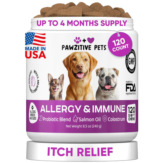 Dog Allergy Relief Chews for Itchy Skin - Seasonal and Food Allergy Chews for Shedding, Licking Paws, Hot Spot, Ears - USA Product - Omega 3 Fish Oil Skin & Coat Supplement - Anti Itch Immune Treats