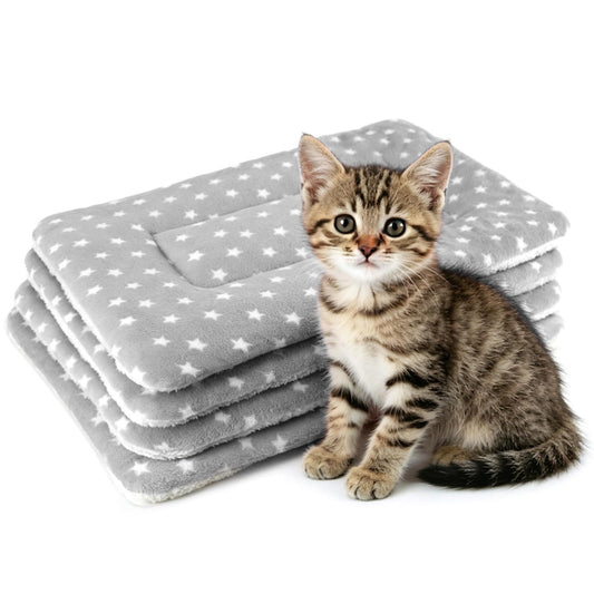 4 Pack Cat Bed Mat, 19" x 13" Soft Fluffy Flannel Small Pet Blanket, Washable Sleeping Pad for Indoor Cats, Kittens, Puppies, Star Print - Grey