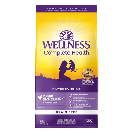 Wellness Complete Health Healthy Weight Adult Dry Cat Food for Indoor Cats, Natural, Grain Free Kibble, Chicken & Turkey Recipe, 5.5 lb Bag