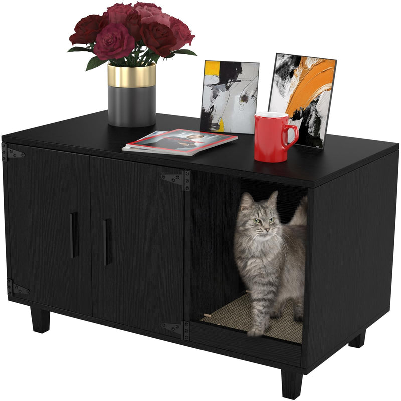 GDLF Modern Wood Pet Crate Cat Washroom Hidden Litter Box Enclosure Furniture House as Table Nightstand with Scratch Pad,Stackable (Black)