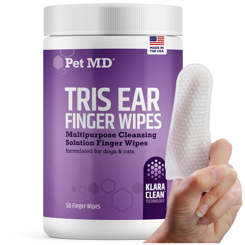 Pet MD Tris Ear Finger Wipes for Dogs & Cats - Multipurpose Cleansing Solution Cat Ear Wipes & Puppy Ear Cleaner - Pet Safe Cleaner to Clean and Remove Debris - 50ct