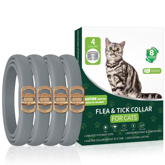 4 Pack Flea Collar for Cats, 32 Months Flea and Tick Prevention for Cats, Cat Flea Treatment, Adjustable Cat Flea Collars, Waterproof Cat Flea and Tick Treatment Collar, Flea Treatment for Cat, Grey