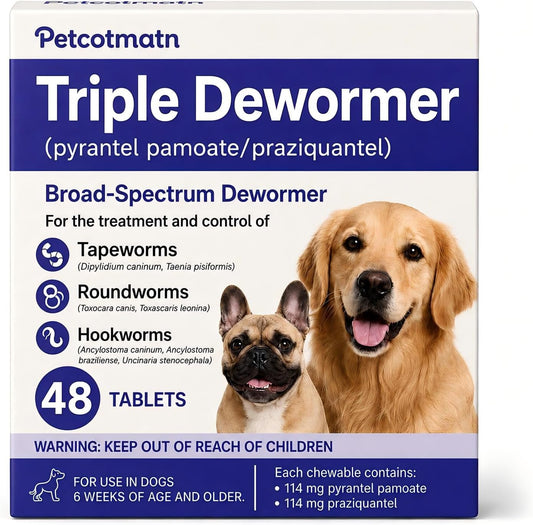 Dewormer for Dogs, Dog Dewormer Tablets for Tapeworms, Roundworms & Hookworms, Safe for Dogs 6 Weeks and Older, 48 Count