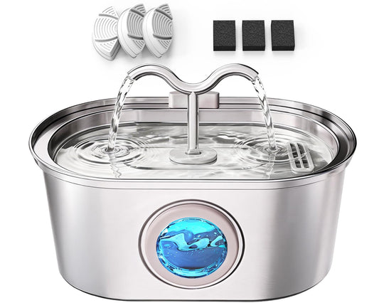 Stainless Steel Cat Water Fountain, 108oz/3.2L Pet Water Fountain for Cats Indoor, with Dual Spouts for Multiple Cats, Ultra-Quiet Automatic Dog Water Dispenser, 3 Replacement Filters Included