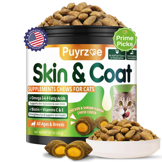 Puyrzoe Cat Skin and Coat Health - 500 Chews Crunchy & Creamy Cheese Core with Omega 3/6/9, Vitamins C & E, Biotin for Skin Hydration & Coat Shine Supplement for Cats Kittens - Chicken & Shrimp Flavor