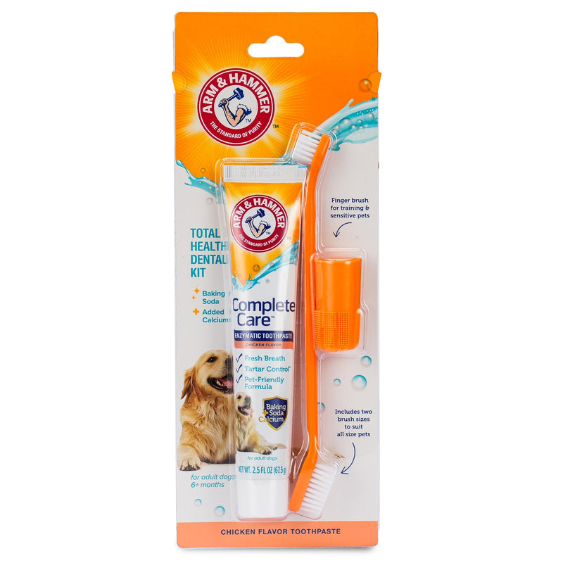 Arm & Hammer Complete Care Dog Dental Kit Enzymatic Toothpaste 2.5 OZ Chicken Flavor Toothbrush Finger Brush Tartar Baking Soda Formula